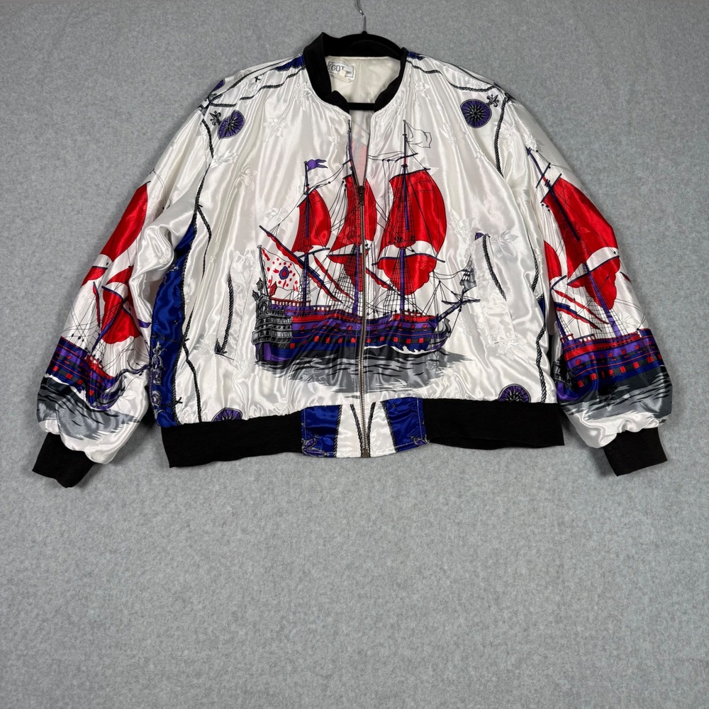 Vintage 80s 90s GDT Too Bomber Jacket White Satin Nautical Ship Print Large